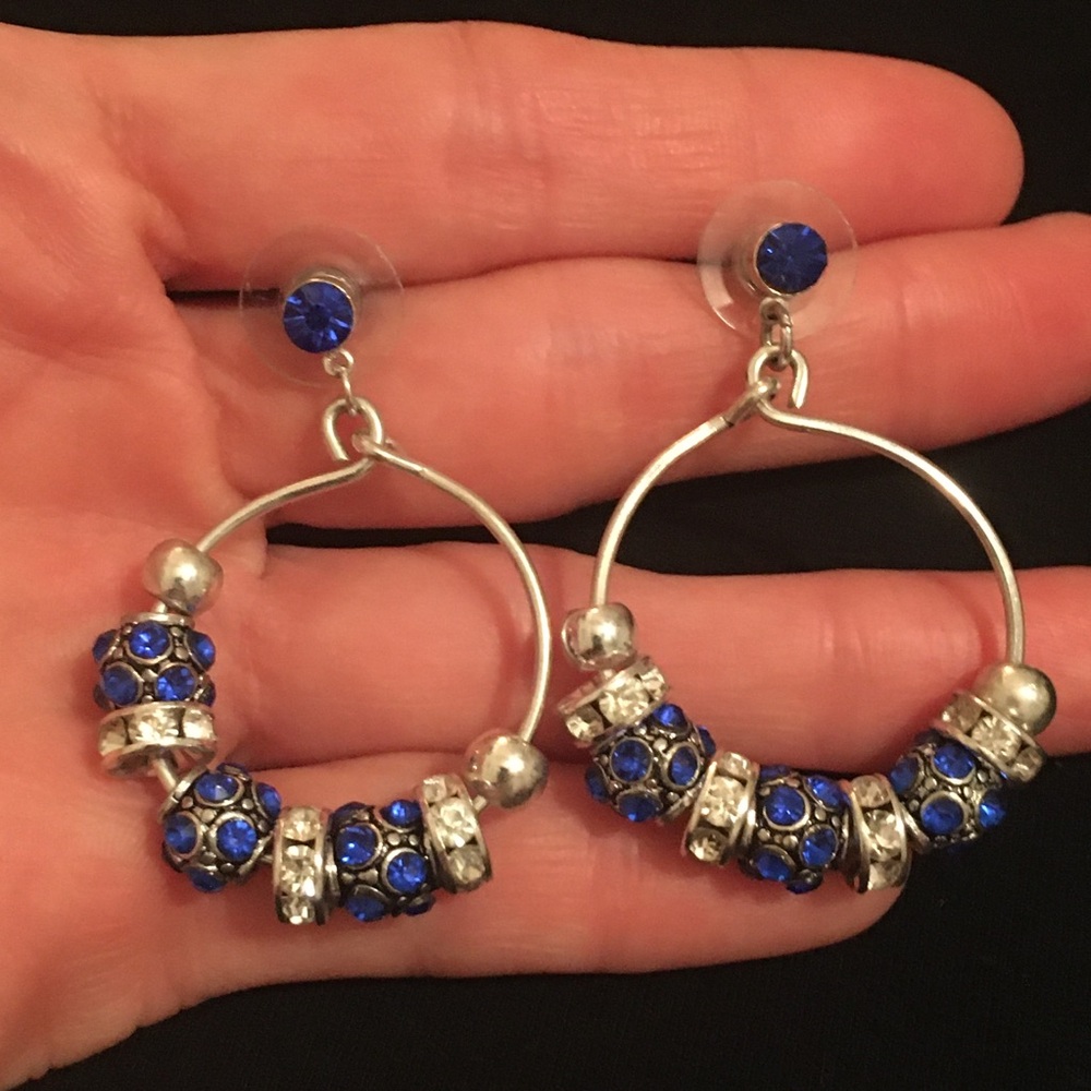 Silver and Blue Hoop Beaded Earrings